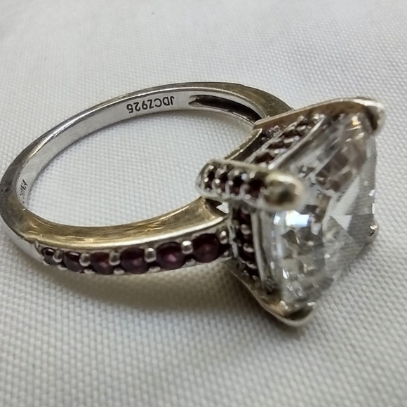 Sterling Silver & Cushion Cut CZ Stone Ring with Red Stone Pave Accent / Size 8 - Picture 1 of 8
